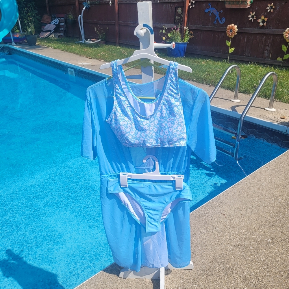 New! Girls 9-10 y/o baby blue white floral bikini bathing suit + sheer cover up